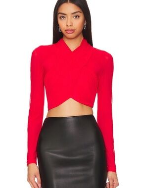 Bardot Red Long-Sleeve Wrap Crop Top